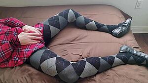 Shemale Jerking Off in Plaid Dress and Argyle Tights