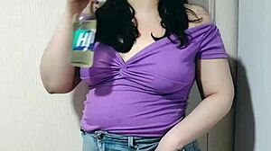 nicole shyly teases her chubby belly before stuffing it full