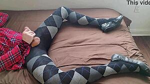 Shemale Jerking Off in Plaid Dress and Argyle Tights