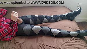 Shemale Jerking Off in Plaid Dress and Argyle Tights