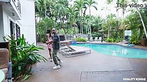 A hostel takeover with blonde and black in threesome cumshot