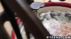 Experienced blonde teen passionately enjoys two cocks