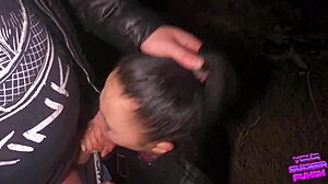 Nighttime outdoor face fucking with biker girl