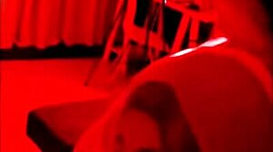 Fucking chubby brunette in red light, sitting for big dick blowjob