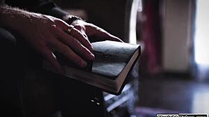 lesbian couple make a disapproving priest lick their pussies