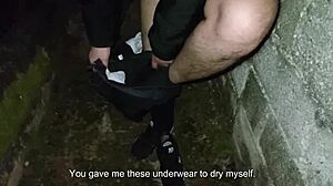 Couple peeing and having sex in public behind the church. Bent over doggystyle flashing.