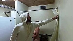 wife feels excitement in sneaky public shower sex