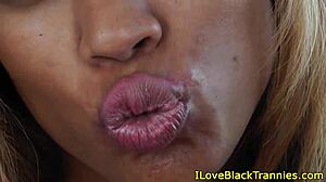 ebony shemales tugging together on sofa