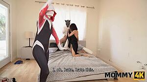 Boldly, the young stud seduces the mature cougar with her shaved pussy.