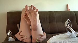 hot dirty girl in heels and stockings caresses her legs