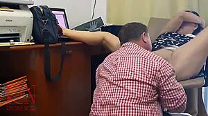 Want to be my employee? Boss licks employee pussy in office.