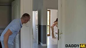 Young 18+ Skinny Girl Shows Boyfriend's Stepdaddy Real Deepthroat Skills at Daddy4K