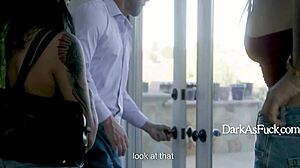 Bedroom betrayal where a celebrity's apprentice fucks a horny groupie and her step sis joins in out of pressure darkasfuck