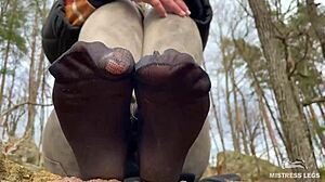 beautiful nylon feet teasing in jeans outdoor