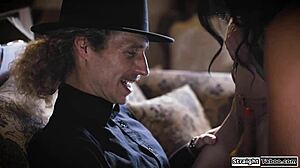 lesbian couple make a disapproving priest lick their pussies