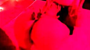 Fucking chubby brunette in red light, sitting for big dick blowjob