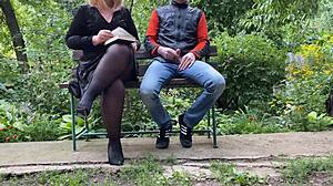 Curvy step mother satisfies step son outdoors