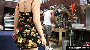 Pawg milf Sara Jay gets drilled by garage dudes' big thick dicks