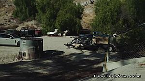 Busty Asian Rides Biker in Warehouse