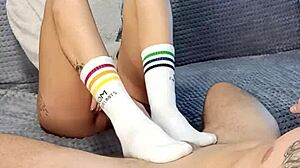 My dirty step sister bought special socks to tease my dick in the dorm.