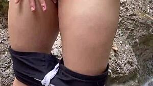 Detailed anal fucking of cousin's tight ass behind rocky hill. In outdoor forest setting with creampie.