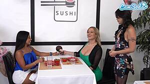 Big tit lesbian milfs explore sushi glory hole with BBC blowjob and cute Asian teen