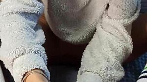 My dirty step sister bought special socks to tease my dick in the dorm.