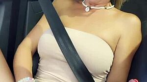 Amateur milf feels so naughty sitting in the co-driver seat on a public road