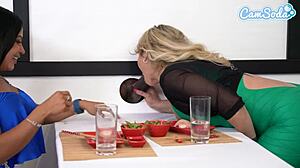 Big tit lesbian milfs explore sushi glory hole with BBC blowjob and cute Asian teen