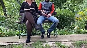 Curvy step mother satisfies step son outdoors