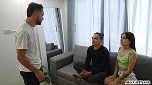 wife pays the rent in front of her husband in an unusual way