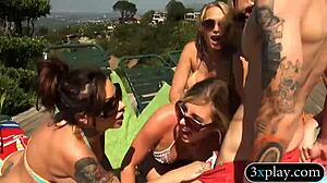 four spicy hot women share a man outdoors in fun