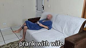 Blindfolded wife tricked into fucking husband's friend in bedroom