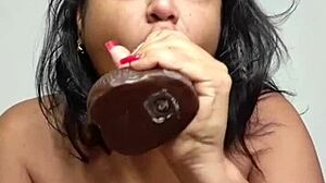 Saliva show and blowjob to black dildo, a wet and hard contrast
