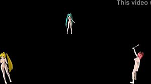 Hatsune miku, teto, and neru in triple baka project diva nude mod