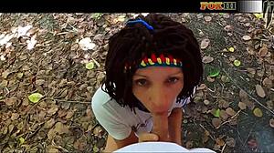 Pov blowjob and handjob in the public park till cum in mouth