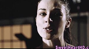 Teen lesbians in locker room eat each other out passionately