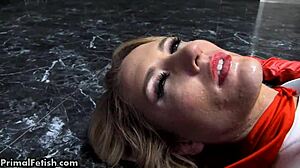 Bound superheroine fucked by machine