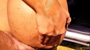 Latina milf shows off big tits and pierced nipples before fucking big cock in public park