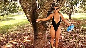 Latina milf shows off big tits and pierced nipples before fucking big cock in public park