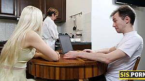 Slim blonde and stepbrother have unplanned sex after dinner