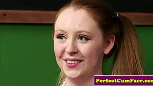 busty uk teen 18+ facialized in threeway with big tits blowjob and cumshot action