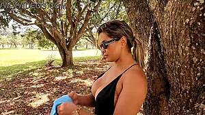 Latina milf shows off big tits and pierced nipples before fucking big cock in public park