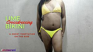 Indian Shemale Crossdresses In Lime Bikini For Homemade Masturbation.