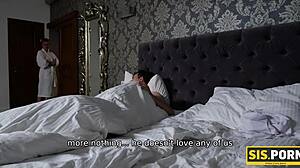 Slim blonde and stepbrother have unplanned sex after dinner