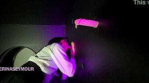 brunette with big ass tries out a glory hole setup