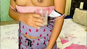 Solo Nude Milking Boobs into Glass Dildo in Pussy