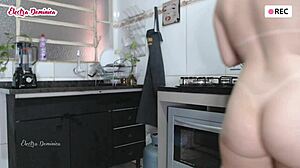 Hired maid strips naked to clean, can't resist her slutty ways.