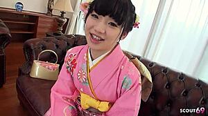 japanese traditional geisha teen 18+ seduce to first time play her hairy pussy at uncensored casting.