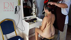 Nude Barbershop Lady Undresses for Haircut in Nudist Cam